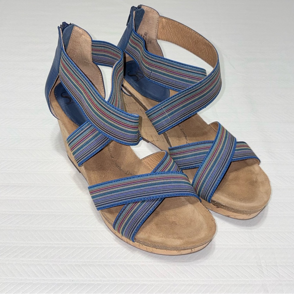 Sofft Striped Cork Wedge Sandals Boho Chic Comfort Size 10M Zip Back